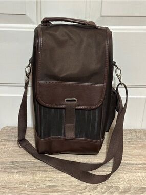 Picnic At Ascot Travel 2 Bottle Wine Tote Bag Brown Insulated Canvas Leather EUC